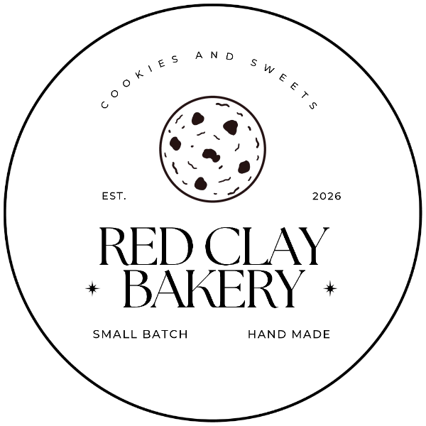 Red Clay Bakery logo: a cookie above the words Red Clay Bakery, small batch, hand made